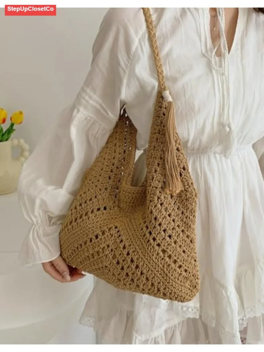 Boho Medium Woven Straw Tote Bag for Women Summer Beach Shoulder Purse Handbag